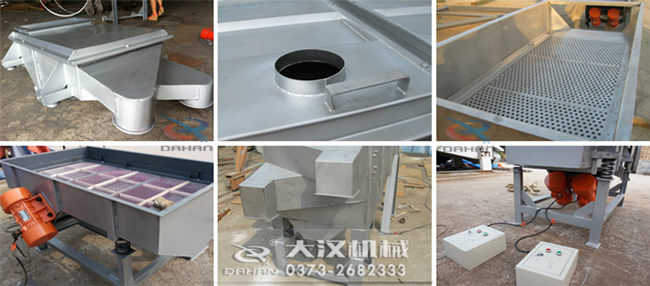 525型直線振動篩細節：出料口，進料口，篩網，振動電機，控制器。