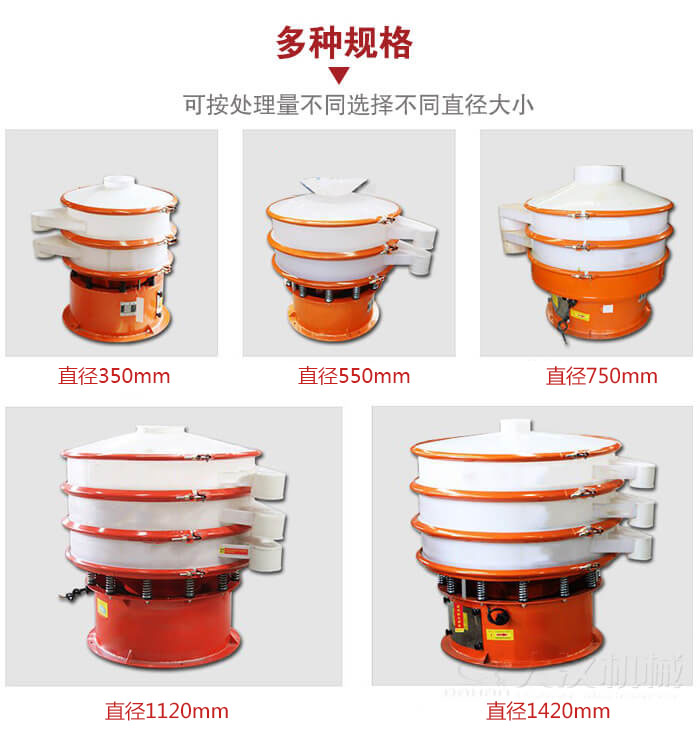 塑料振動(dòng)篩不同篩分直徑進(jìn)行展示:350,550,750,1120,1420等。