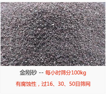 篩分金剛砂每小時100kg，有腐蝕性，過16、30、50目篩網(wǎng)