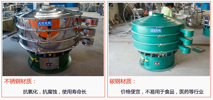 800型振動篩有不銹鋼和碳鋼兩種材質，不銹鋼材質：抗氧化，抗腐蝕，使用壽命長 碳鋼材質：價格便宜，不易篩分食品，化工，醫藥等行業的物料。