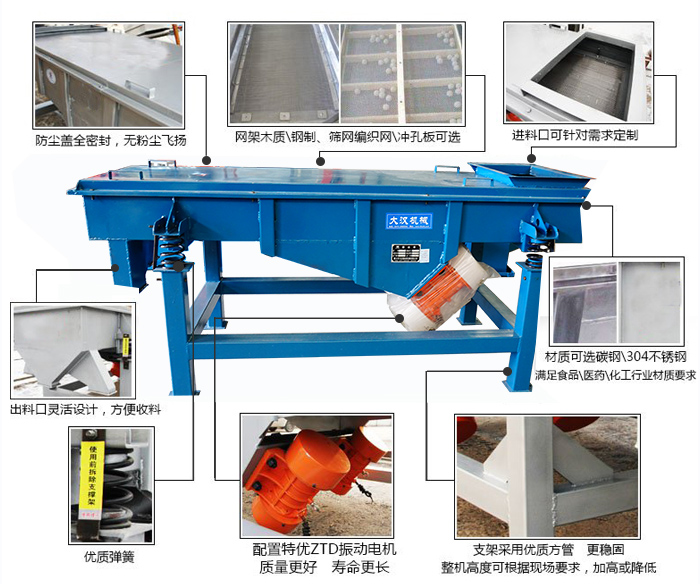 方形振動篩結(jié)構(gòu)包括:防塵蓋:全密封,無粉塵飛揚(yáng)。網(wǎng)架木質(zhì)/鋼制,篩網(wǎng)編織網(wǎng)/沖孔板可選。進(jìn)料口可針對需求定制。出料口靈活設(shè)計(jì),方便受料,材質(zhì)可選碳鋼/304不銹鋼滿足食品/醫(yī)藥/化工行業(yè)材質(zhì)要求。優(yōu)質(zhì)彈簧。配置特優(yōu)ZTD振動電機(jī)質(zhì)量更好,壽命更長。支架采用優(yōu)質(zhì)方管,更穩(wěn)固整機(jī)高度可根據(jù)現(xiàn)場要求,加高或降低。
