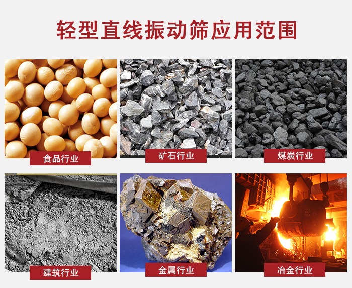 輕型直線振動篩應用范圍較廣多使用與顆粒狀，粉狀以及其它重型行業(yè)的輸送。