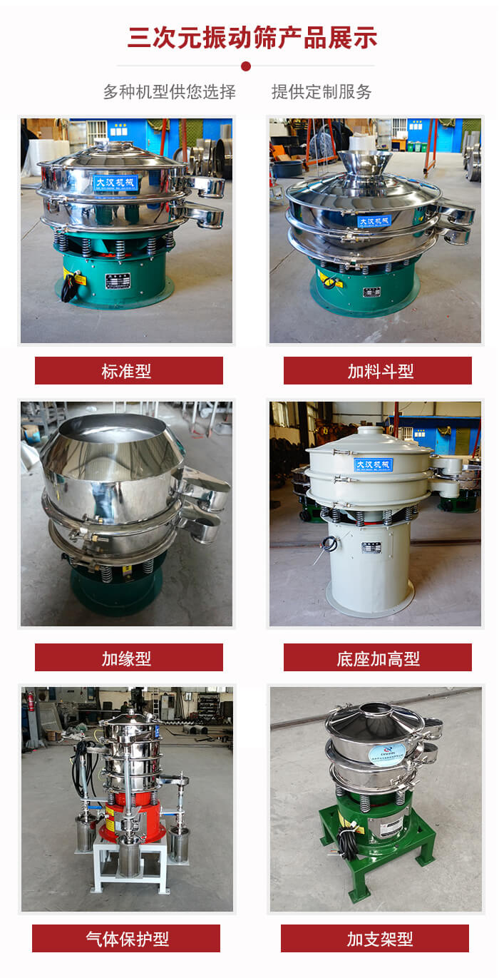 三次元振動篩不同結(jié)構(gòu)展示:標準型,加料斗型,加緣型,底座加高型,氣體保護型,加支架型。